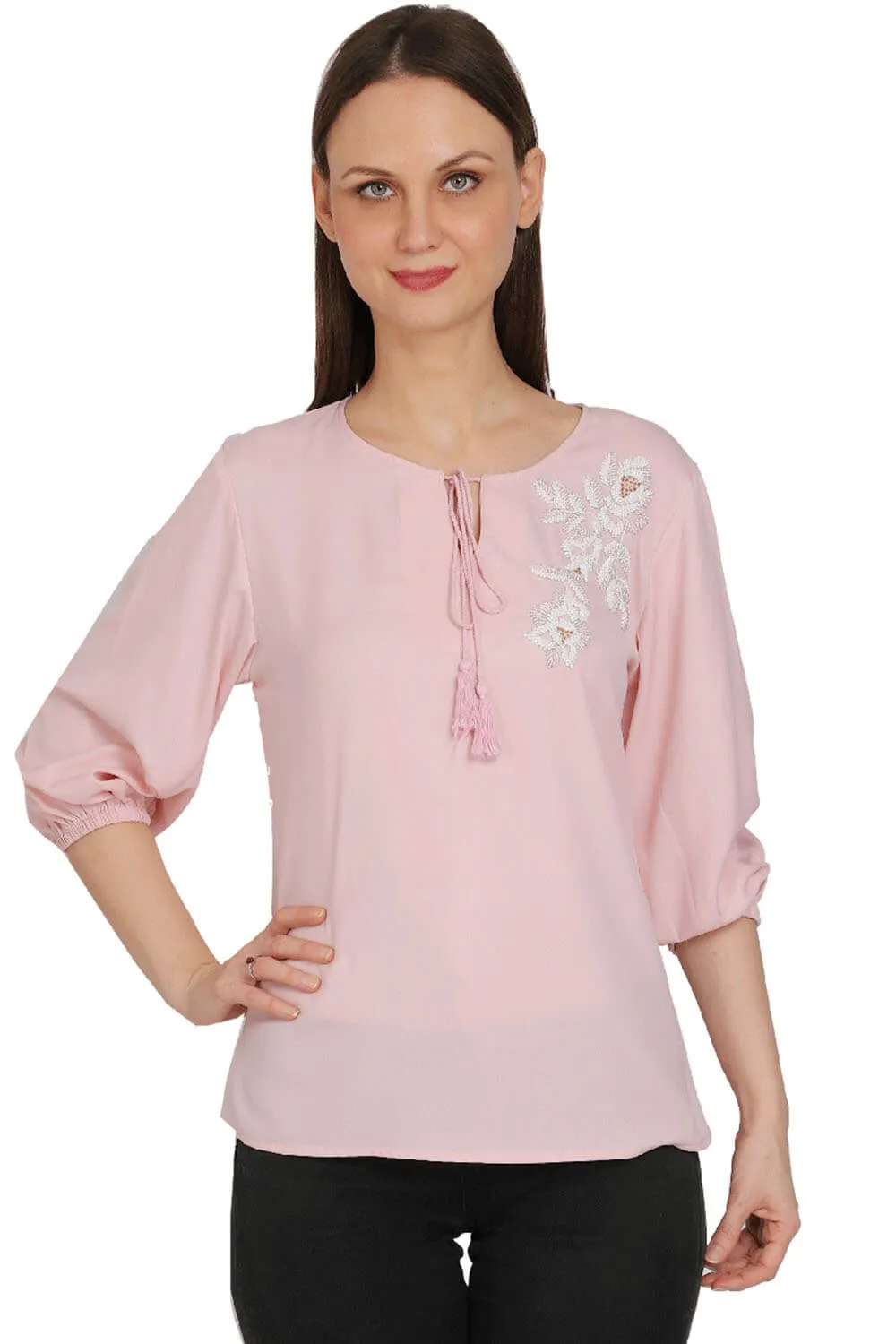 Rosy Glamour Beaded Top with Ties