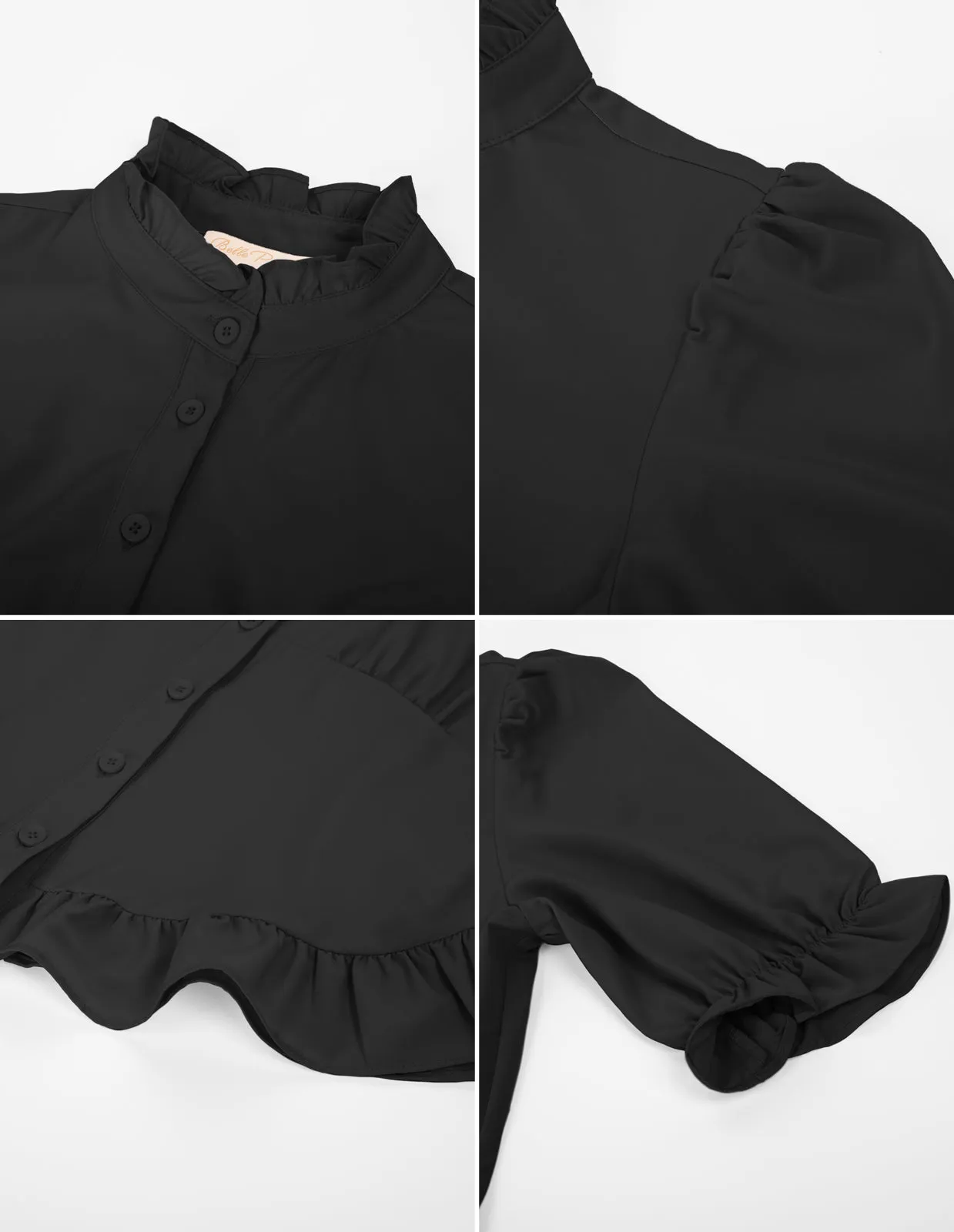 Ruffled Shirt Puffed Short Sleeve Stand Collar Button-up Blouse