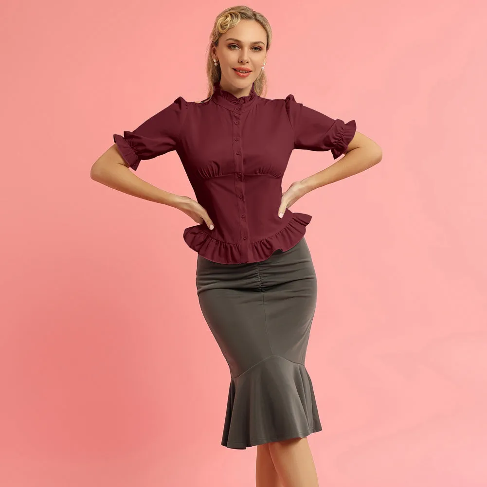 Ruffled Shirt Puffed Short Sleeve Stand Collar Button-up Blouse