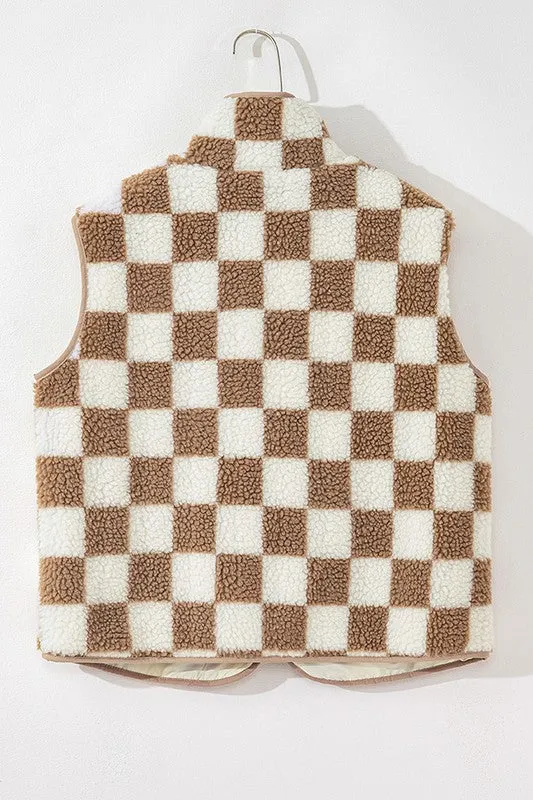 Shay Checkered Sherpa Collared Jacket Vest