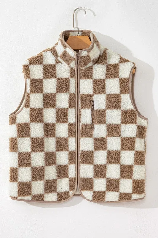 Shay Checkered Sherpa Collared Jacket Vest