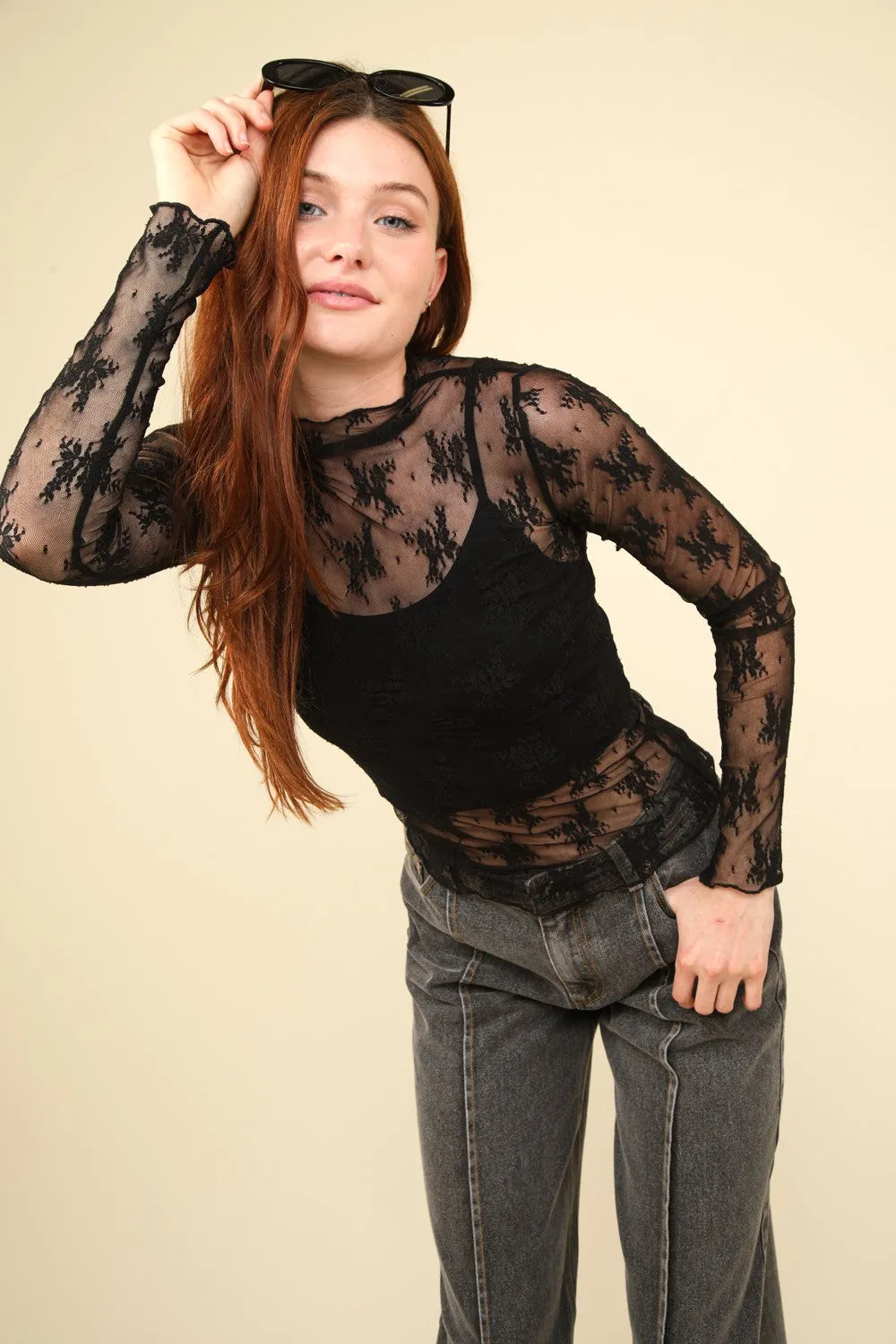 Sheer Mesh Lace Black Top