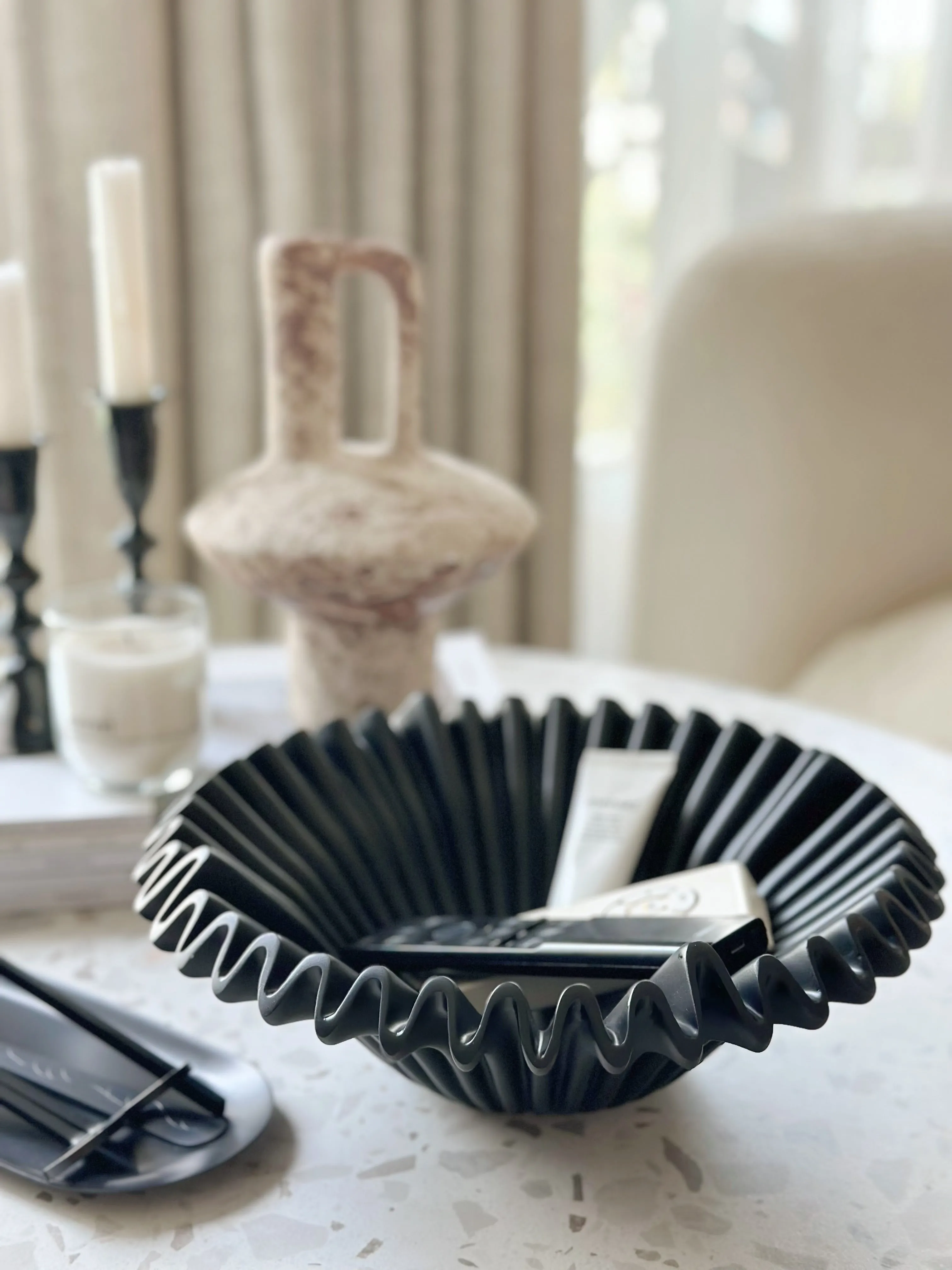 Sleek Black Rippled Elegance Bowl