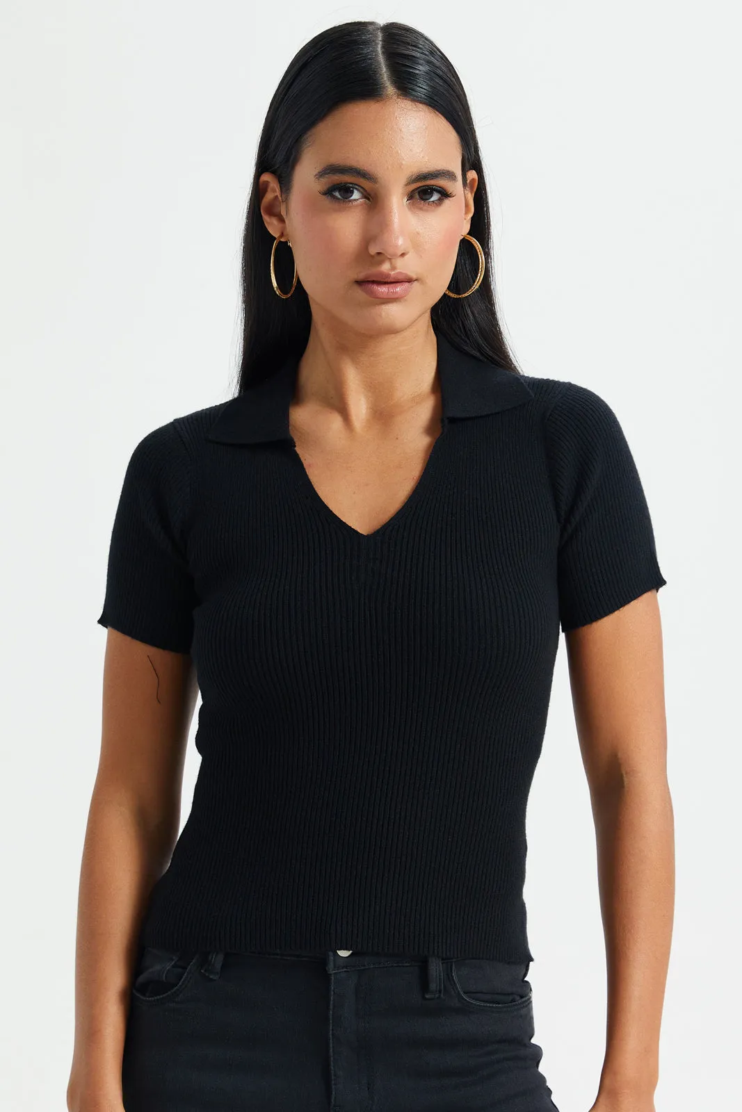 Women Black Short-Sleeved Sweater Polo