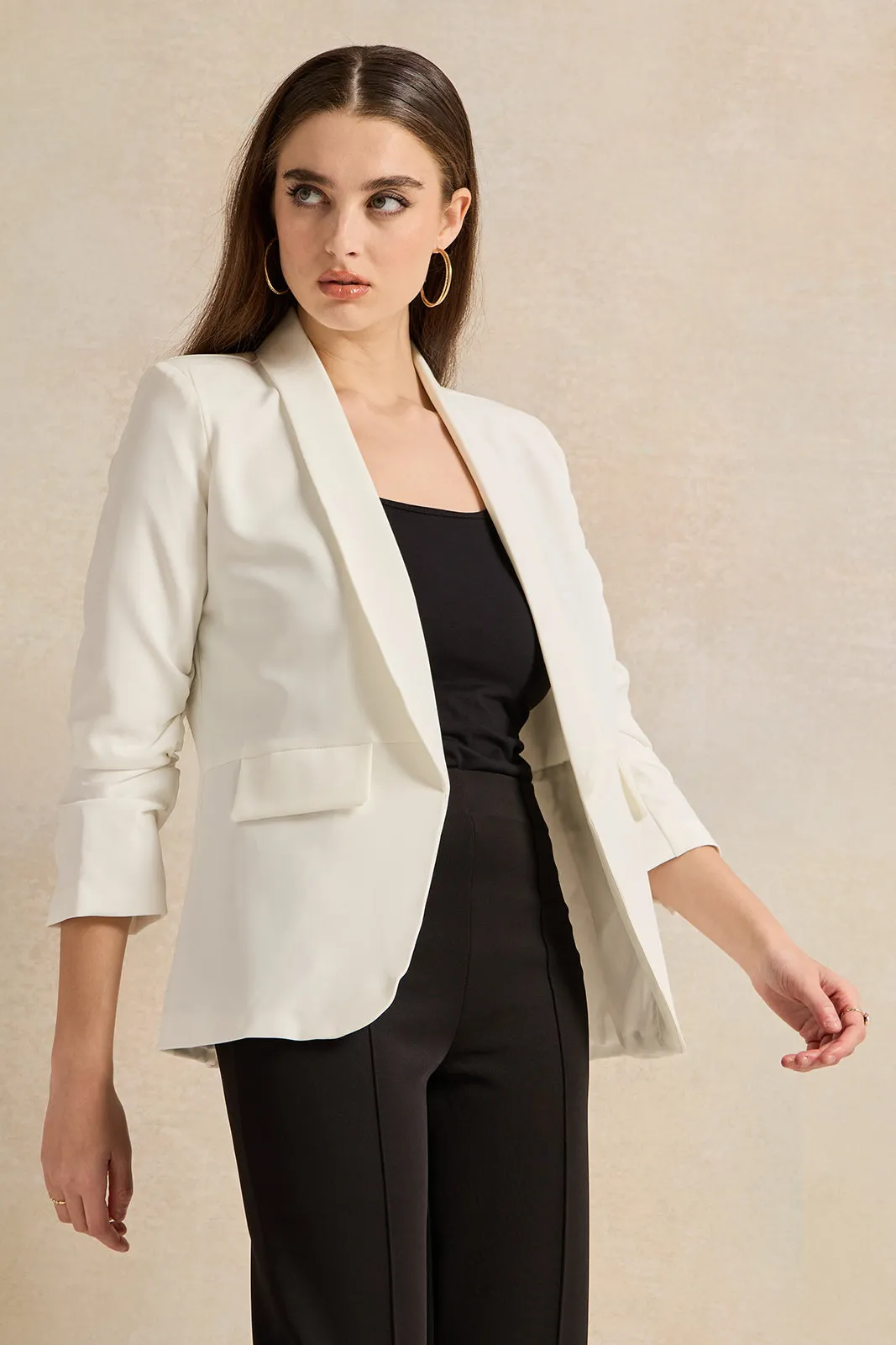 Women Ivory Ruched Sleeve Blazer