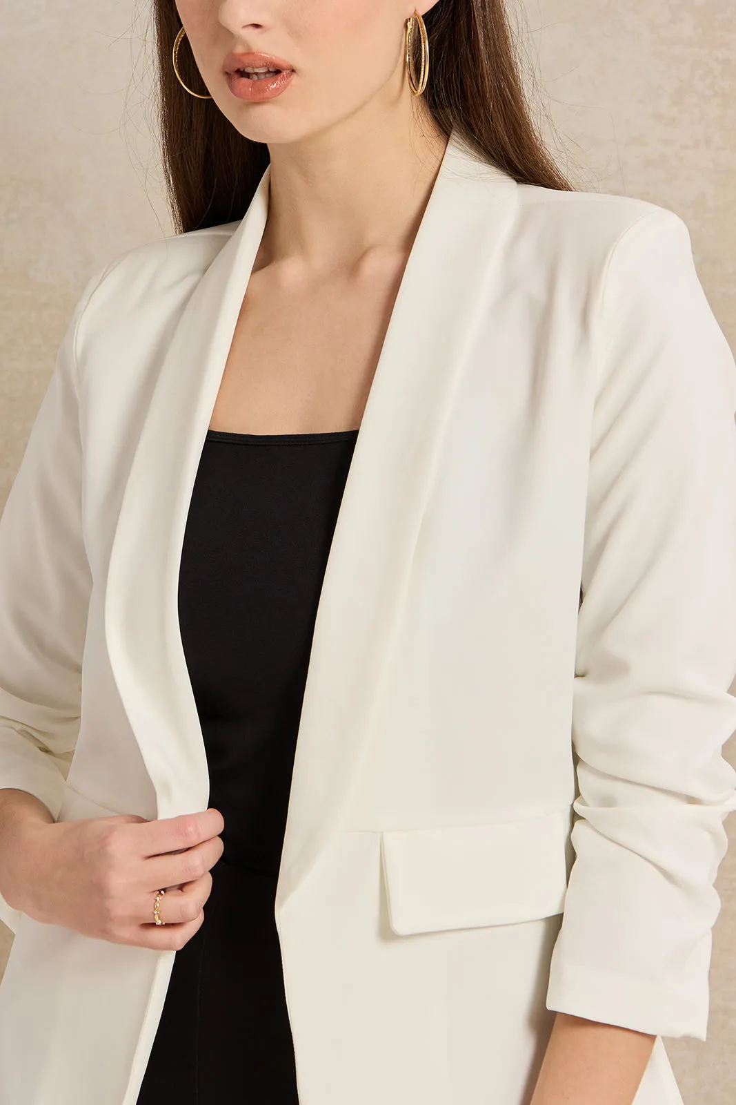 Women Ivory Ruched Sleeve Blazer