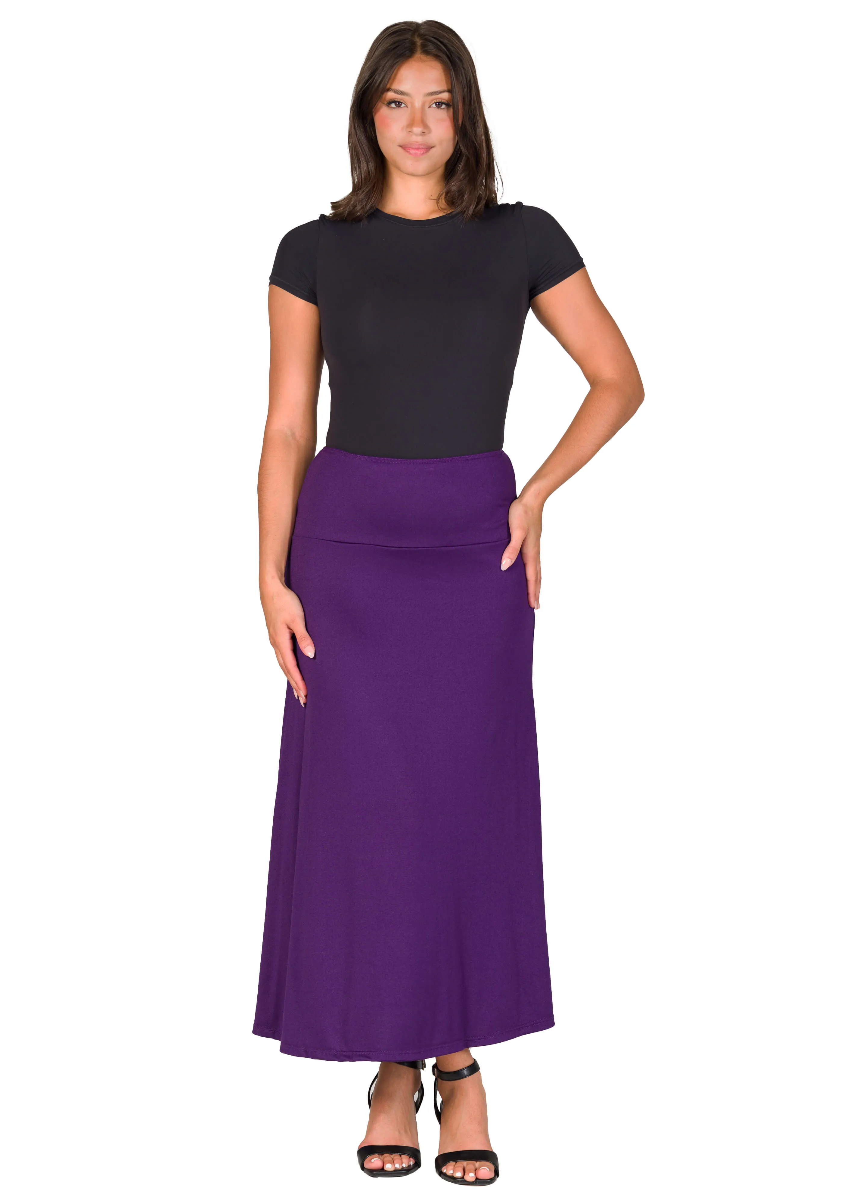 Womens Elastic Waist Solid Color Maxi Skirt