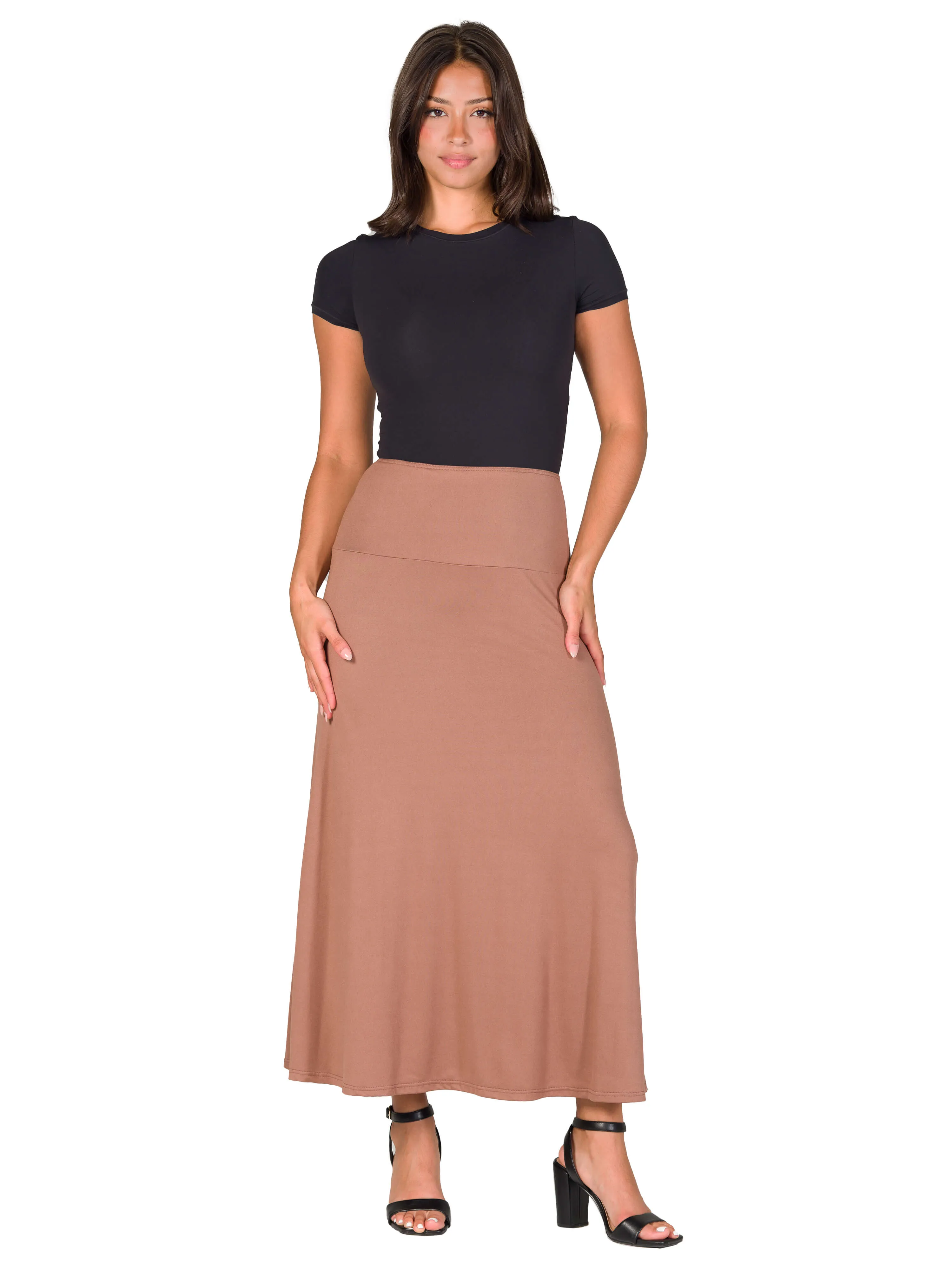 Womens Elastic Waist Solid Color Maxi Skirt