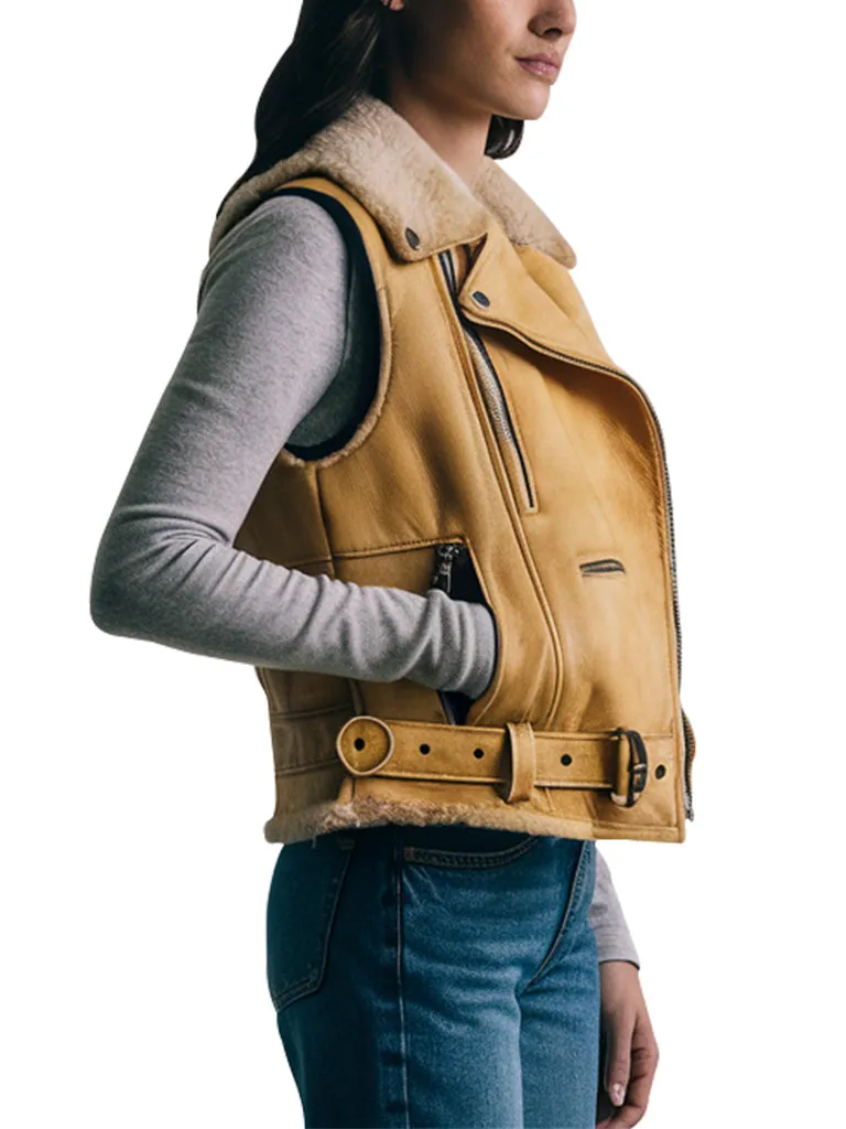 Women's Mustard Leather Shearling Collar Biker Vest