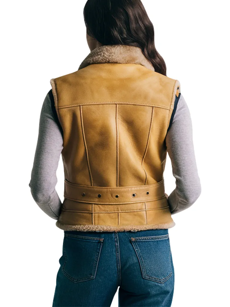 Women's Mustard Leather Shearling Collar Biker Vest