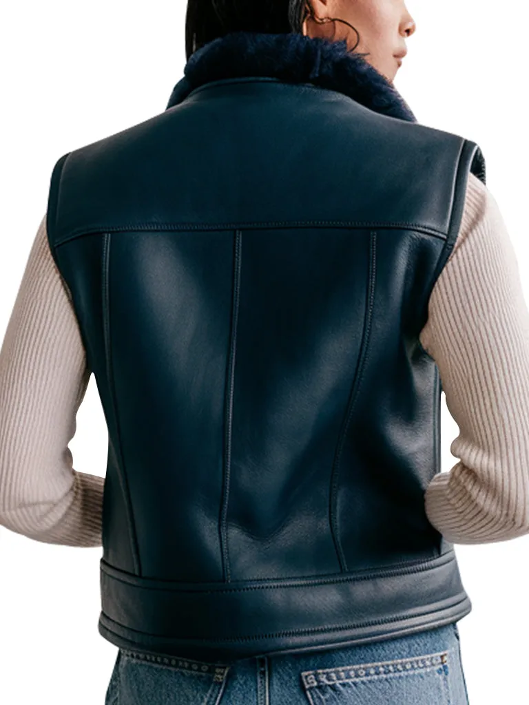 Women's Navy Blue Leather Vest with Faux Fur Collar